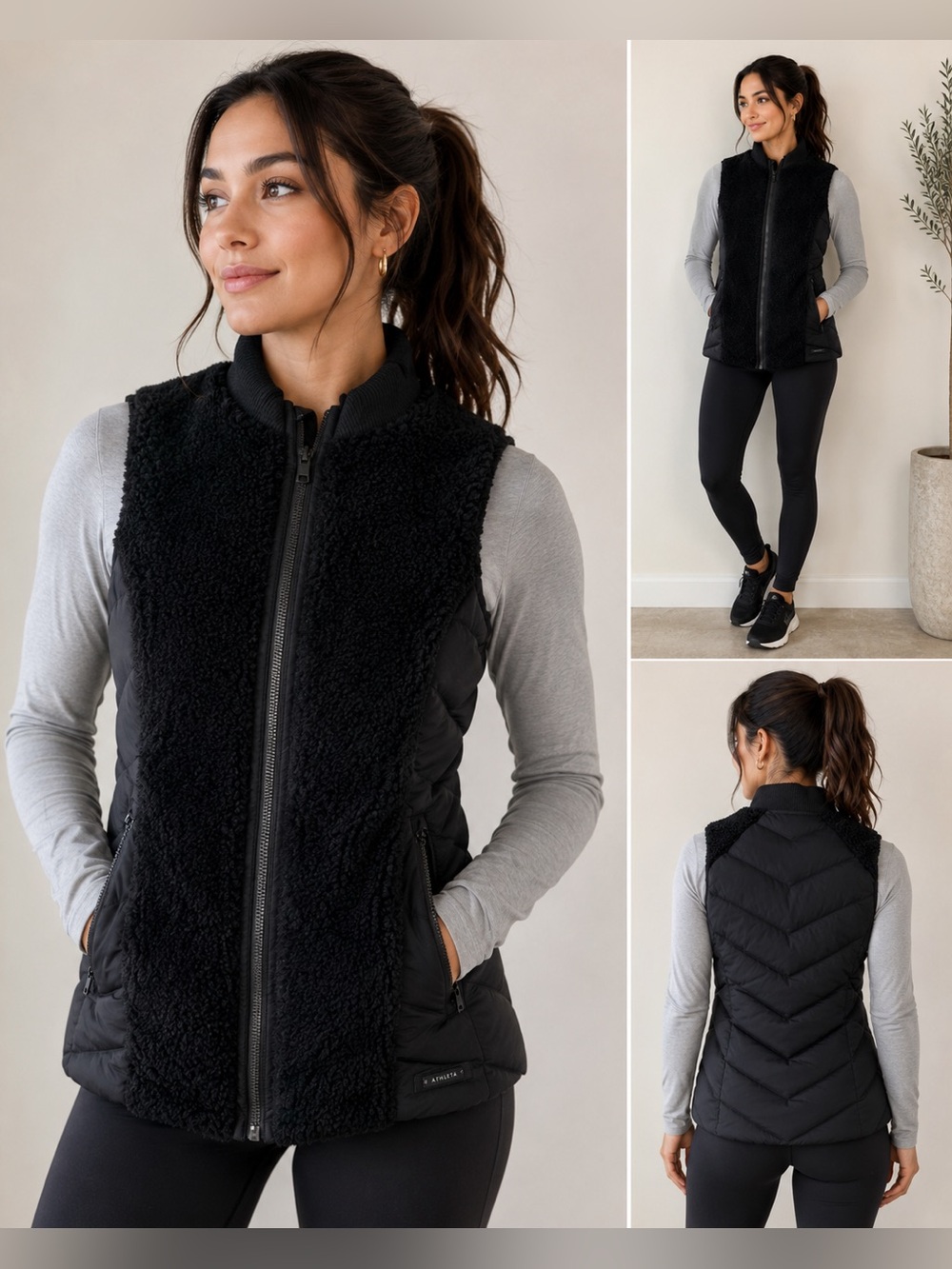 Athleta Black Sherpa Goose Down Puffer Vest XXS Full Zip Quilted Teddy Fleece